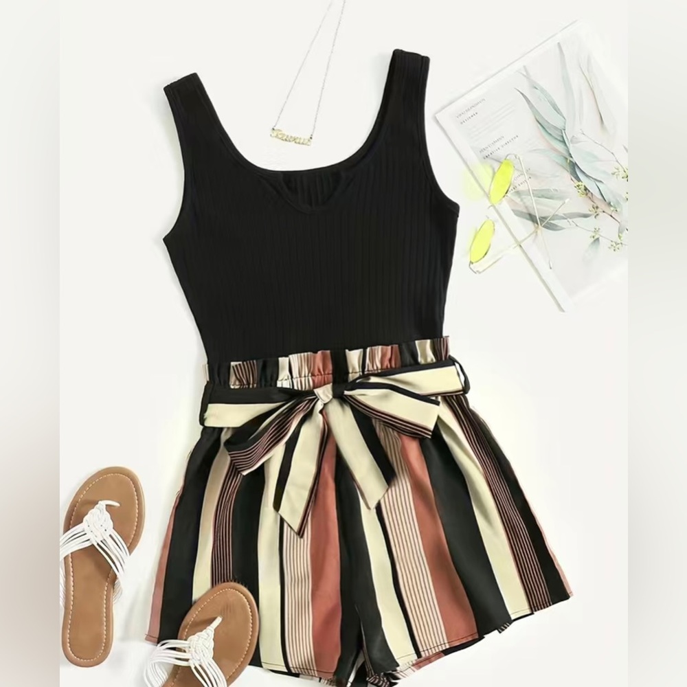 Stripe Print Belted Romper